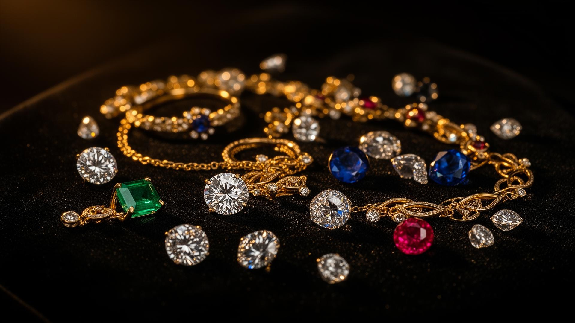 Gold jewelry, diamonds and gemstones on black velvet
